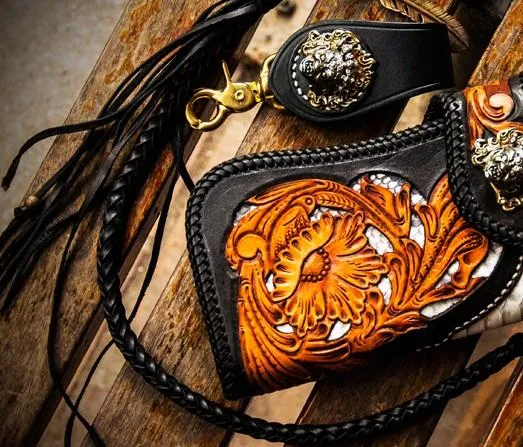 Handmade Leather Tooled Floral Mens Long Chain Biker Wallet Cool Leather Wallet With Chain Wallets for Men