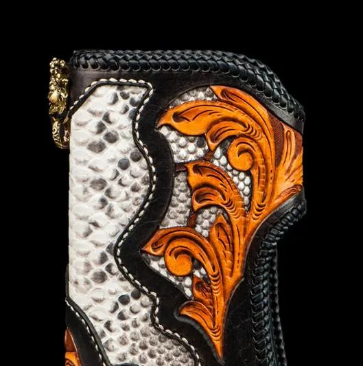 Handmade Leather Tooled Floral Mens Long Chain Biker Wallet Cool Leather Wallet With Chain Wallets for Men