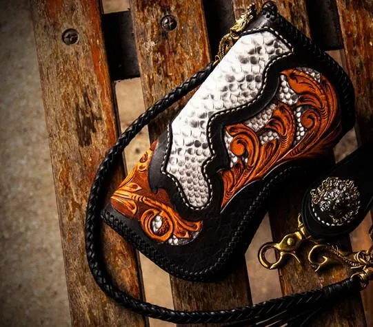 Handmade Leather Tooled Floral Mens Long Chain Biker Wallet Cool Leather Wallet With Chain Wallets for Men