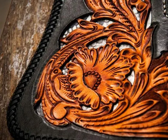 Handmade Leather Tooled Floral Mens Long Chain Biker Wallet Cool Leather Wallet With Chain Wallets for Men