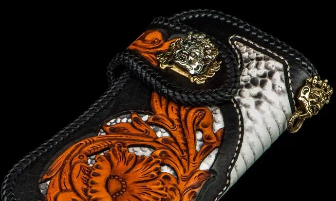 Handmade Leather Tooled Floral Mens Long Chain Biker Wallet Cool Leather Wallet With Chain Wallets for Men
