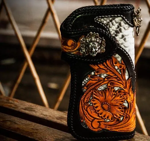 Handmade Leather Tooled Floral Mens Long Chain Biker Wallet Cool Leather Wallet With Chain Wallets for Men