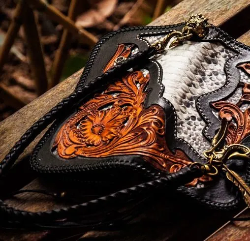 Handmade Leather Tooled Floral Mens Long Chain Biker Wallet Cool Leather Wallet With Chain Wallets for Men