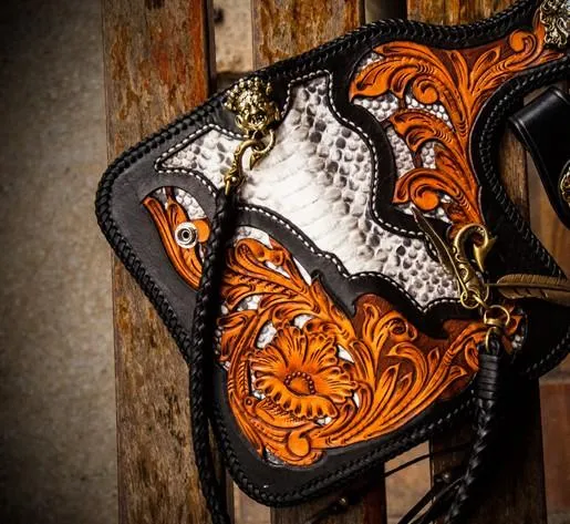 Handmade Leather Tooled Floral Mens Long Chain Biker Wallet Cool Leather Wallet With Chain Wallets for Men