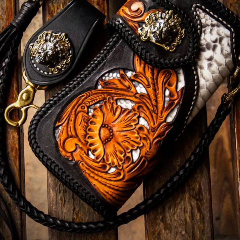 Handmade Leather Tooled Floral Mens Long Chain Biker Wallet Cool Leather Wallet With Chain Wallets for Men
