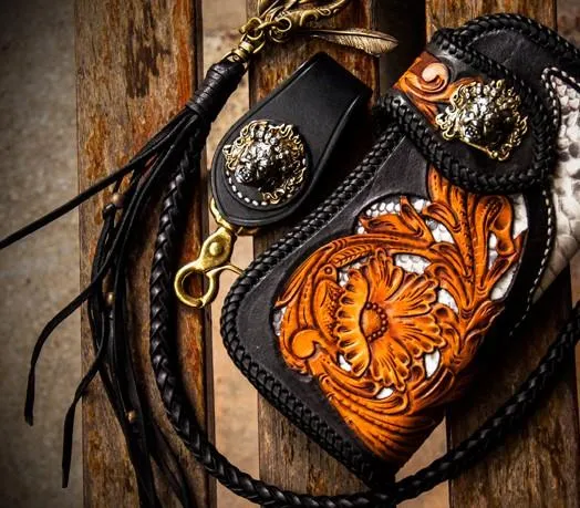 Handmade Leather Tooled Floral Mens Long Chain Biker Wallet Cool Leather Wallet With Chain Wallets for Men