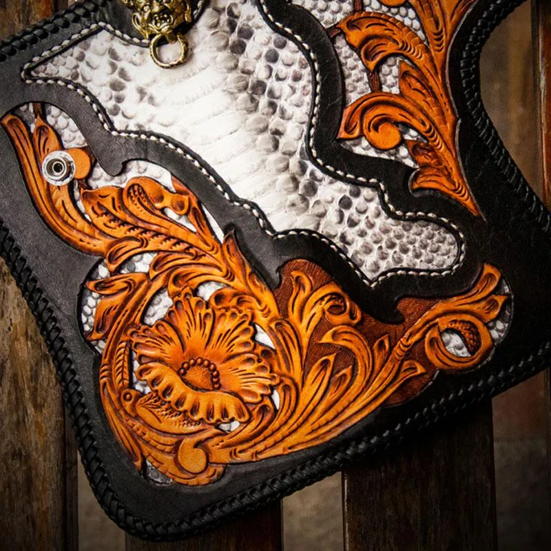 Handmade Leather Tooled Floral Mens Long Chain Biker Wallet Cool Leather Wallet With Chain Wallets for Men