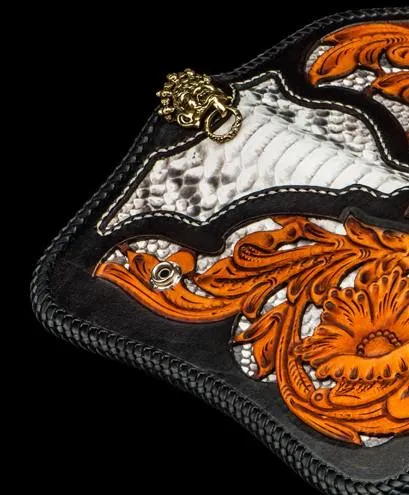 Handmade Leather Tooled Floral Mens Long Chain Biker Wallet Cool Leather Wallet With Chain Wallets for Men