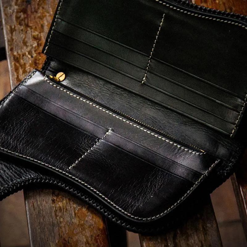 Handmade Leather Tooled Floral Mens Long Chain Biker Wallet Cool Leather Wallet With Chain Wallets for Men
