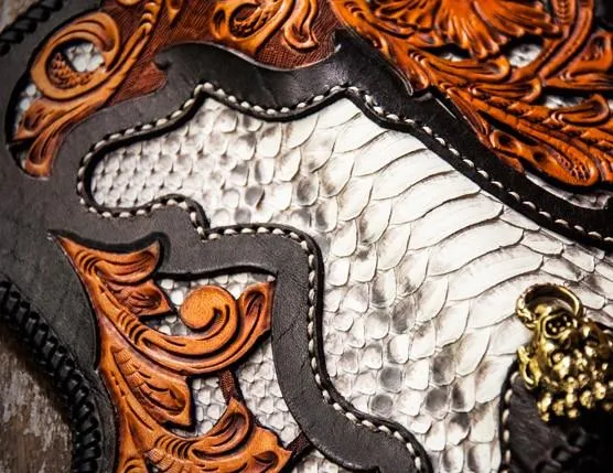 Handmade Leather Tooled Floral Mens Long Chain Biker Wallet Cool Leather Wallet With Chain Wallets for Men