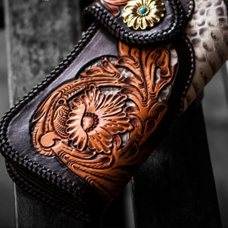 Handmade Leather Tooled Floral Mens Long Chain Biker Wallet Cool Leather Wallet With Chain Wallets for Men