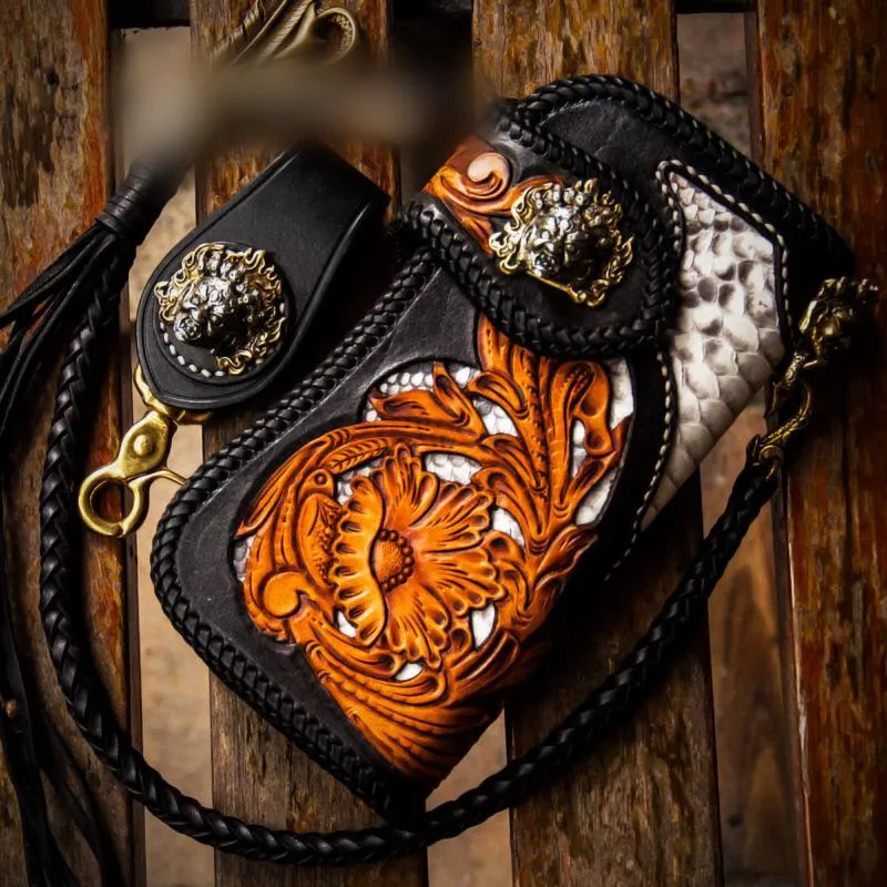 Handmade Leather Tooled Floral Mens Long Chain Biker Wallet Cool Leather Wallet With Chain Wallets for Men
