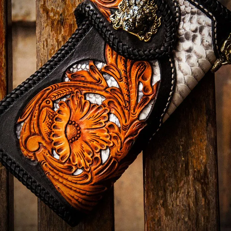 Handmade Leather Tooled Floral Mens Long Chain Biker Wallet Cool Leather Wallet With Chain Wallets for Men