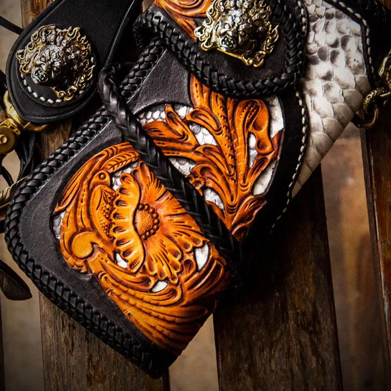 Handmade Leather Tooled Floral Mens Long Chain Biker Wallet Cool Leather Wallet With Chain Wallets for Men