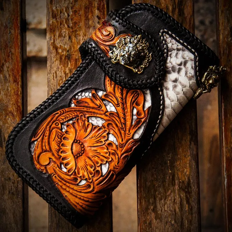 Handmade Leather Tooled Floral Mens Long Chain Biker Wallet Cool Leather Wallet With Chain Wallets for Men