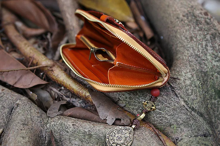 Handmade Leather Tooled Tibetan Totem Long Biker Wallet Cool Zipper Clutch Wristlet Wallet for Men
