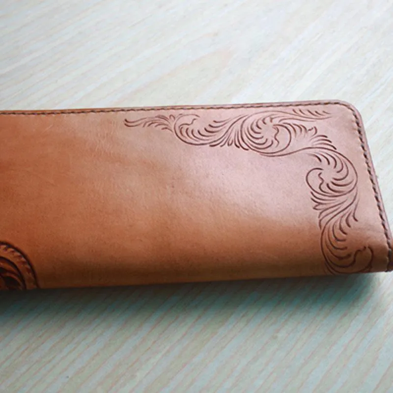 Handmade Leather Vintage Tooled Floral Mens Long Wallets Cool Long Wallet for Men