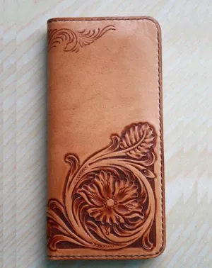 Handmade Leather Vintage Tooled Floral Mens Long Wallets Cool Long Wallet for Men
