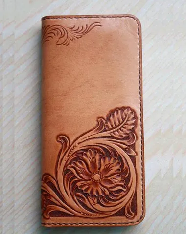 Handmade Leather Vintage Tooled Floral Mens Long Wallets Cool Long Wallet for Men
