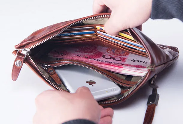 Handmade long wallet leather men phone zip clutch vintage wallet for men