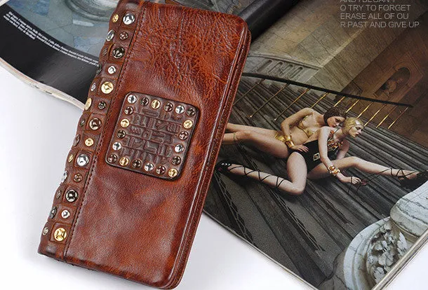 Handmade long wallet leather men rivet clutch vintage wallet for men