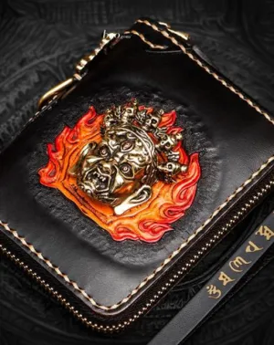 Handmade Mahkla Leather Black Biker Wallet Mens Cool billfold Chain Wallet Trucker Wallet with Chain