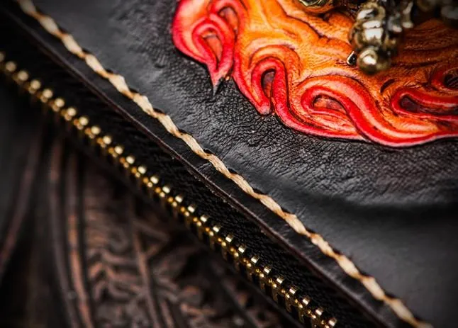 Handmade Mahkla Leather Black Biker Wallet Mens Cool billfold Chain Wallet Trucker Wallet with Chain