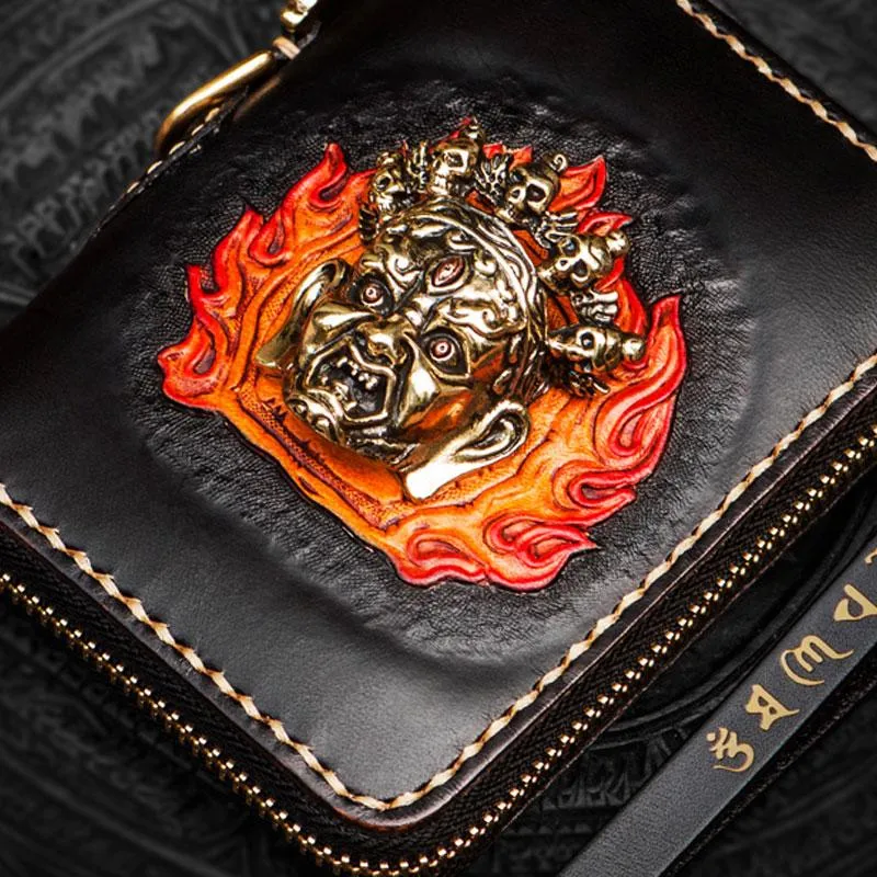 Handmade Mahkla Leather Black Biker Wallet Mens Cool billfold Chain Wallet Trucker Wallet with Chain