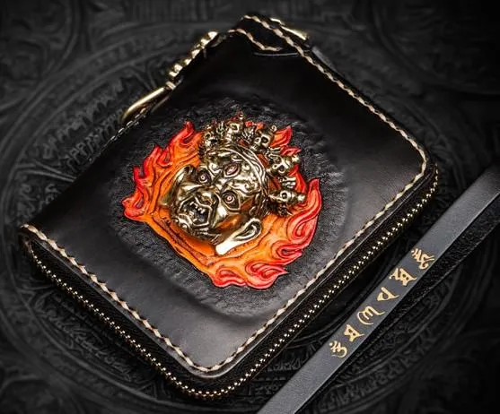 Handmade Mahkla Leather Black Biker Wallet Mens Cool billfold Chain Wallet Trucker Wallet with Chain