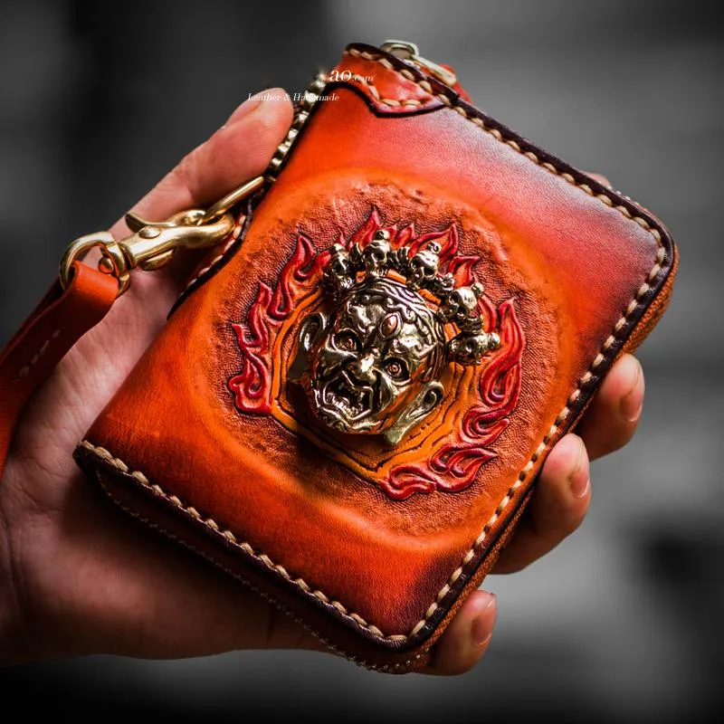 Handmade Mahkla Leather Black Biker Wallet Mens Cool billfold Chain Wallet Trucker Wallet with Chain