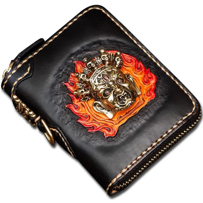 Handmade Mahkla Leather Black Biker Wallet Mens Cool billfold Chain Wallet Trucker Wallet with Chain