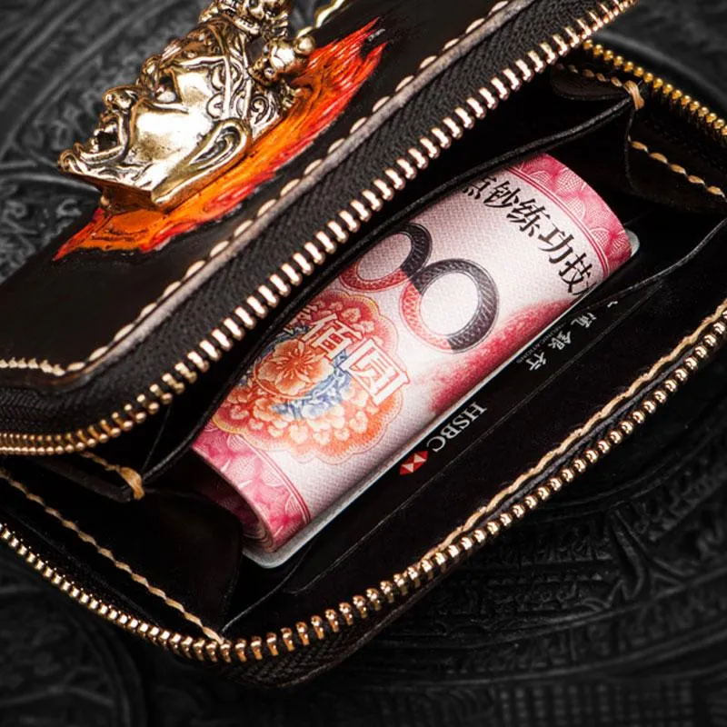 Handmade Mahkla Leather Black Biker Wallet Mens Cool billfold Chain Wallet Trucker Wallet with Chain