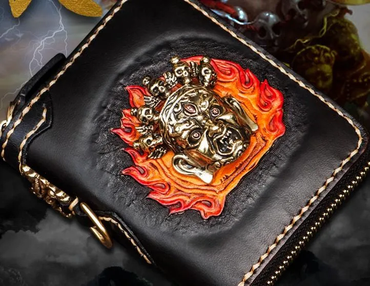 Handmade Mahkla Leather Black Biker Wallet Mens Cool billfold Chain Wallet Trucker Wallet with Chain