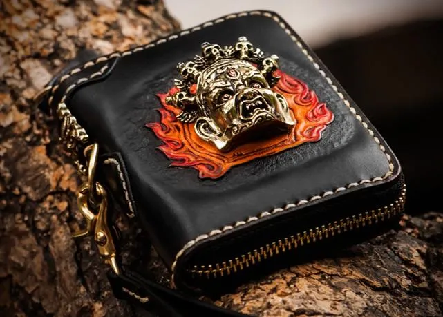 Handmade Mahkla Leather Black Biker Wallet Mens Cool billfold Chain Wallet Trucker Wallet with Chain