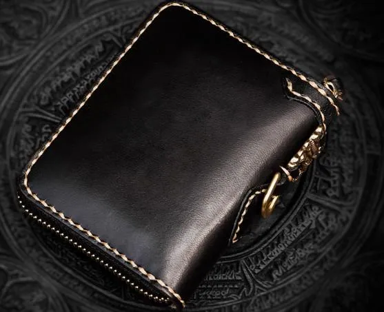 Handmade Mahkla Leather Black Biker Wallet Mens Cool billfold Chain Wallet Trucker Wallet with Chain