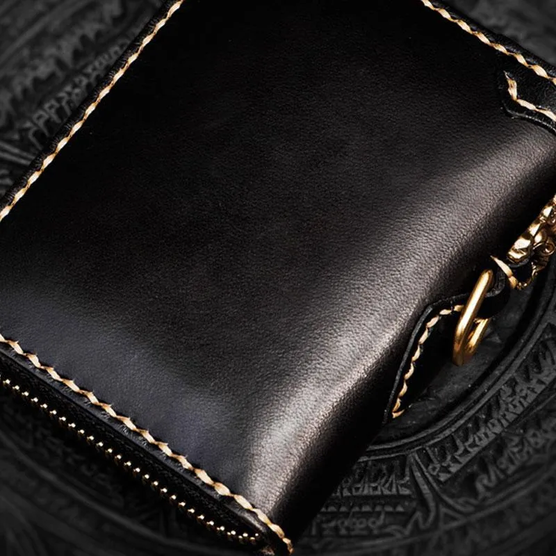 Handmade Mahkla Leather Black Biker Wallet Mens Cool billfold Chain Wallet Trucker Wallet with Chain