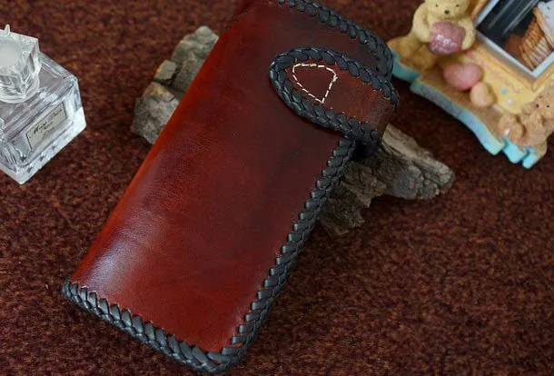 Handmade tan black leather Skull dragon carved biker wallet chain Long wallet for men