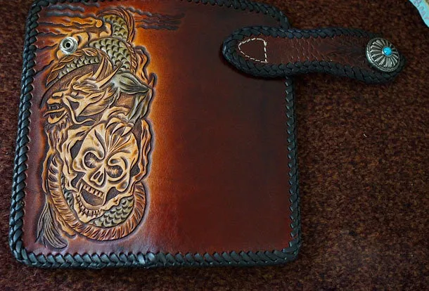 Handmade tan black leather Skull dragon carved biker wallet chain Long wallet for men