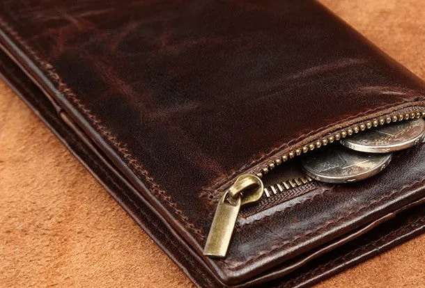 Handmade Vintage Bifold Coffee Men Leather Long wallet clutch purse For Men