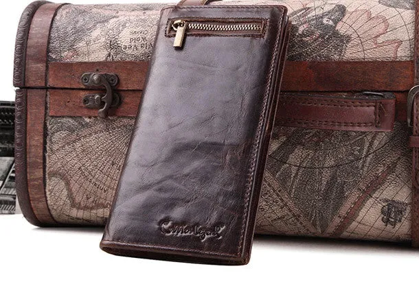 Handmade Vintage Bifold Coffee Men Leather Long wallet clutch purse For Men