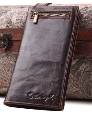 Handmade Vintage Bifold Coffee Men Leather Long wallet clutch purse For Men