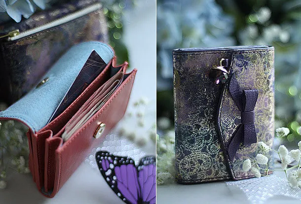 Handmade vintage cute bowknot leather billfold bifold wallet for women/lady