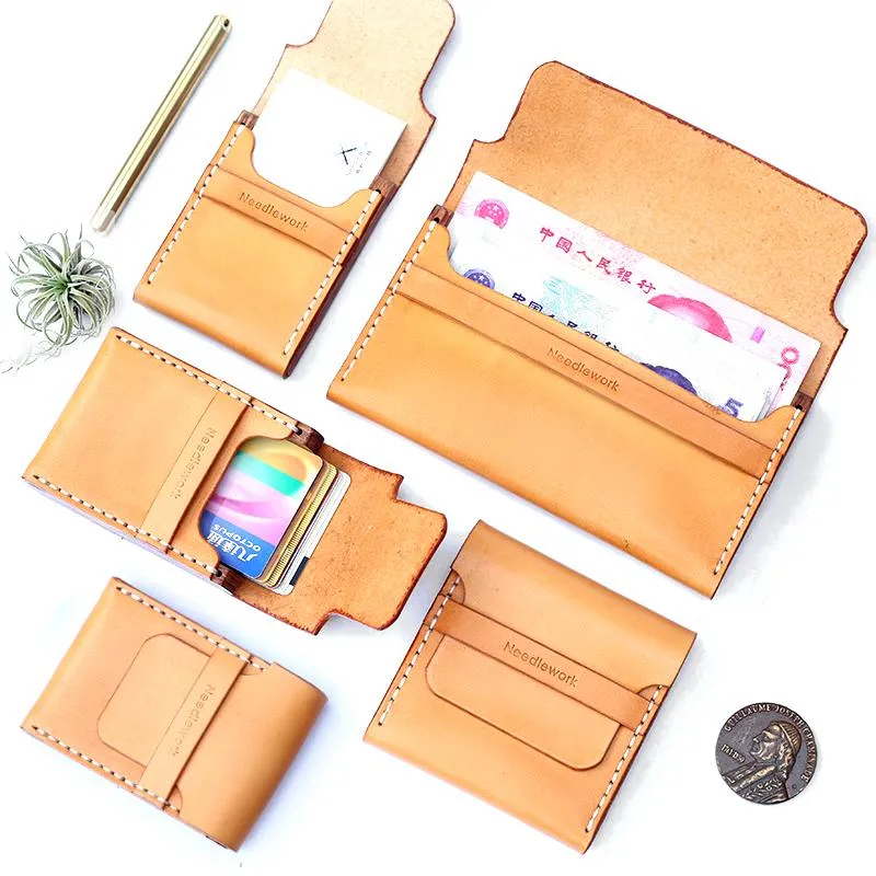 Handmade Wooden Brown Cool Leather Mens Wallet Small Card Holder Coin Wallet for Men