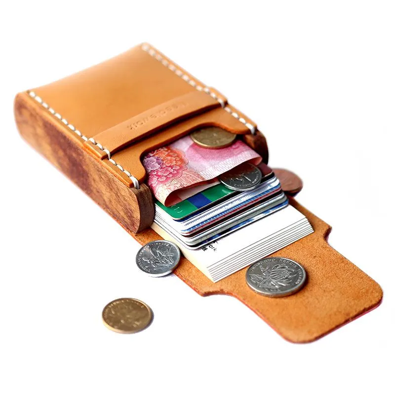 Handmade Wooden Brown Cool Leather Mens Wallet Small Card Holder Coin Wallet for Men