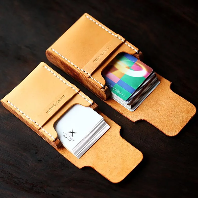 Handmade Wooden Brown Leather Cool Mens Wallet Small Card Holder Coin Wallet for Men