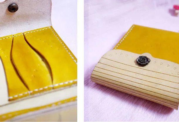 Handmade yellow vintage leather billfold ID card photo holder bifold wallet for women girl