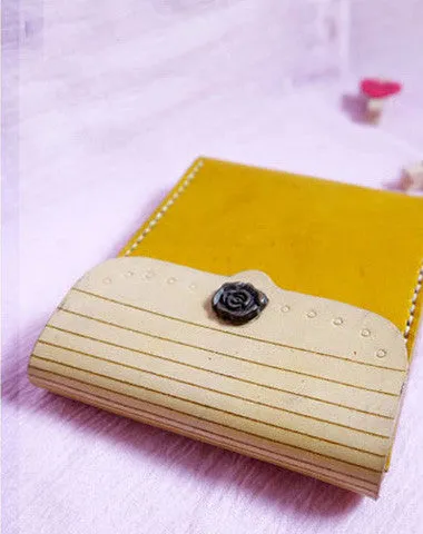 Handmade yellow vintage leather billfold ID card photo holder bifold wallet for women girl