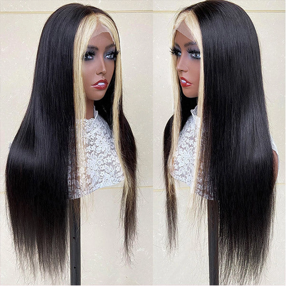 Highlight Skunk Stripe Wig Pre Plucked Lace Frontal Wig Straight Human Hair
