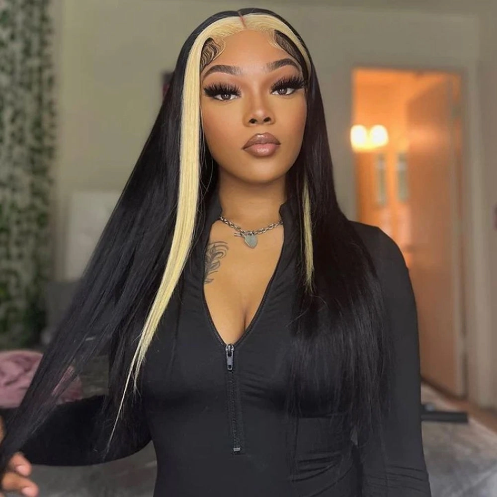 Highlight Skunk Stripe Wig Pre Plucked Lace Frontal Wig Straight Human Hair