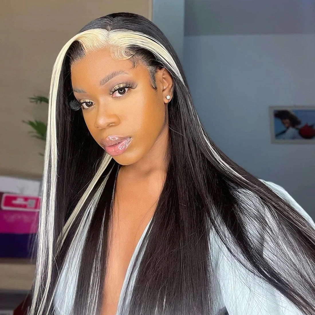 Highlight Skunk Stripe Wig Pre Plucked Lace Frontal Wig Straight Human Hair